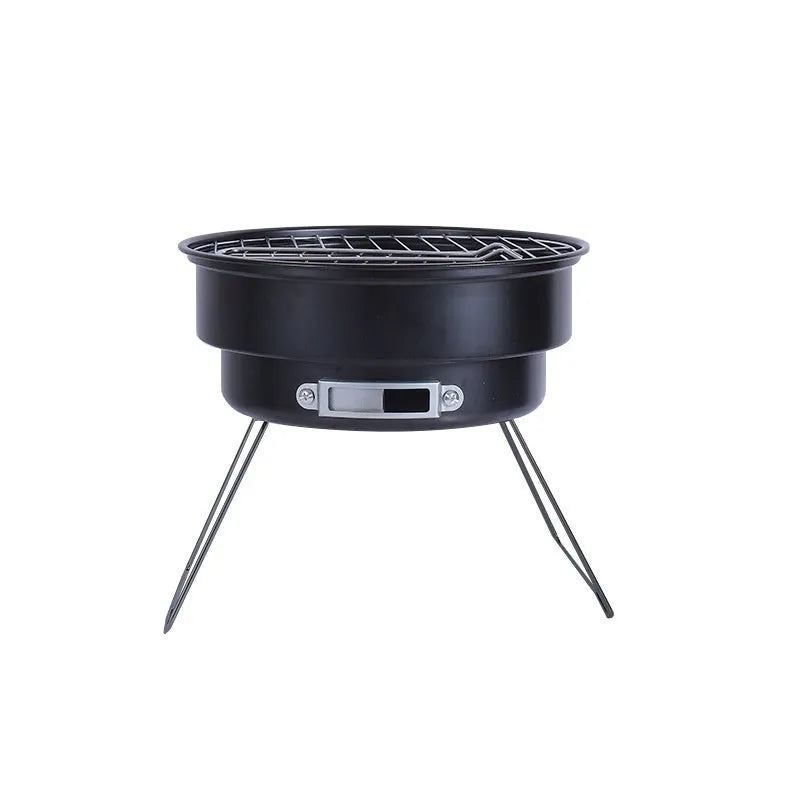 Small round folding ice stove with barbecue grill and detachable legs for camping