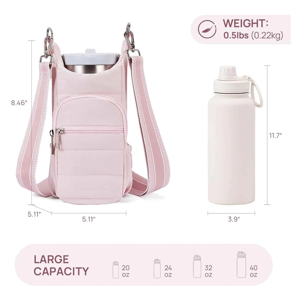 Cloth water bottle bag for bicycles in beige, black, or pink colours.