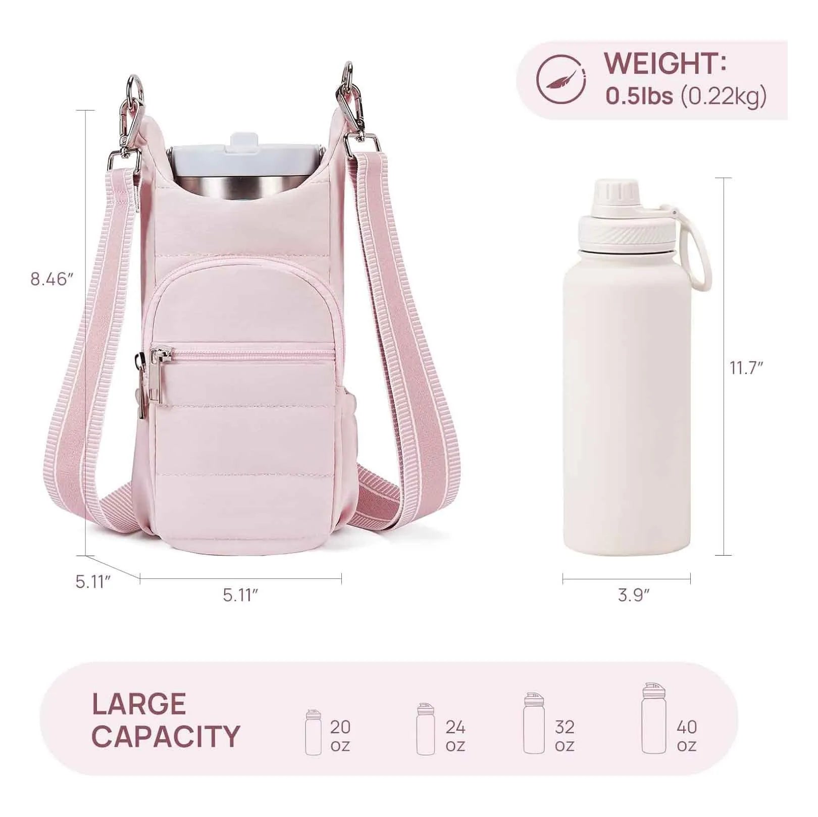 Cloth water bottle bag for bicycles in beige, black, or pink colours.