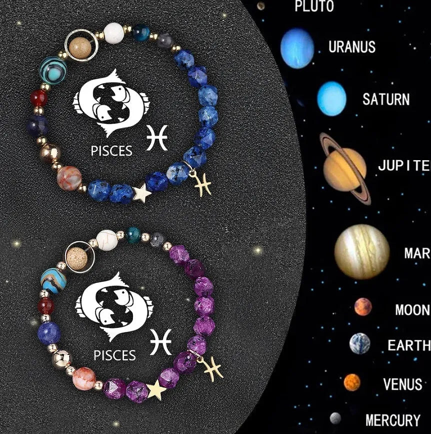 Set of two natural stone beaded bracelets with metal zodiac charms on a dark background.