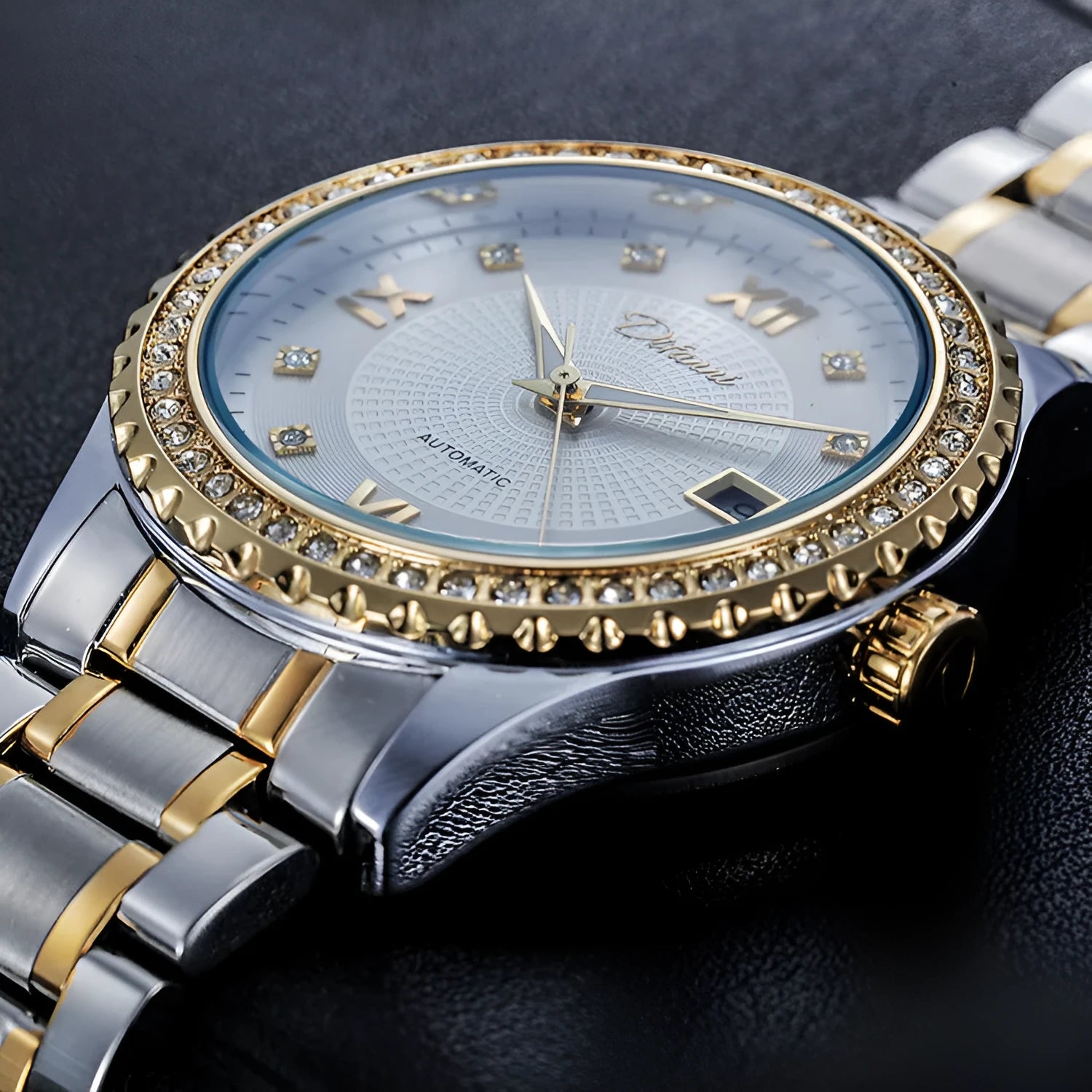 Men's gold automatic mechanical watch with black dial and luminous hands, business style waterproof timepiece