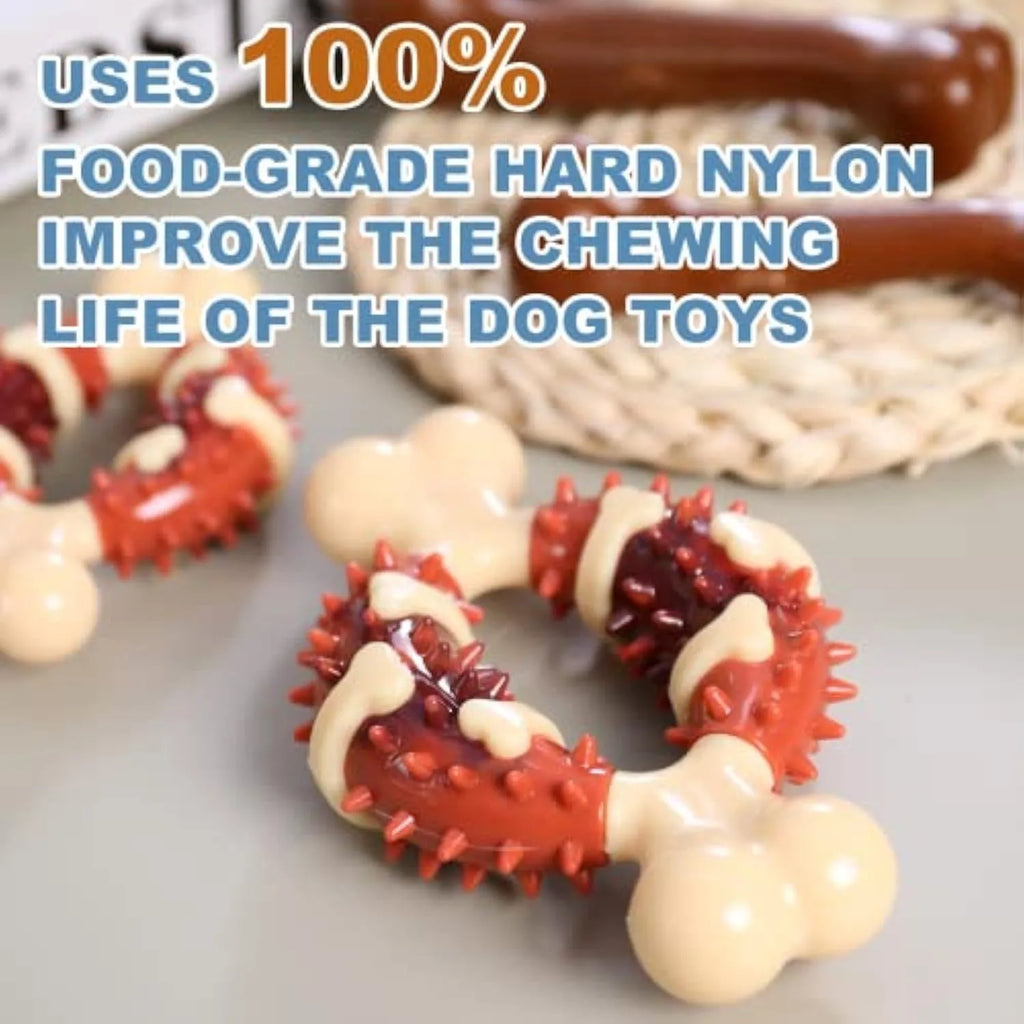 Bone-shaped natural rubber dog molar chew toy for teeth cleaning and anxiety relief in two sizes.