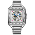 Men's square automatic watch with diamond-studded bezel on steel or leather strap