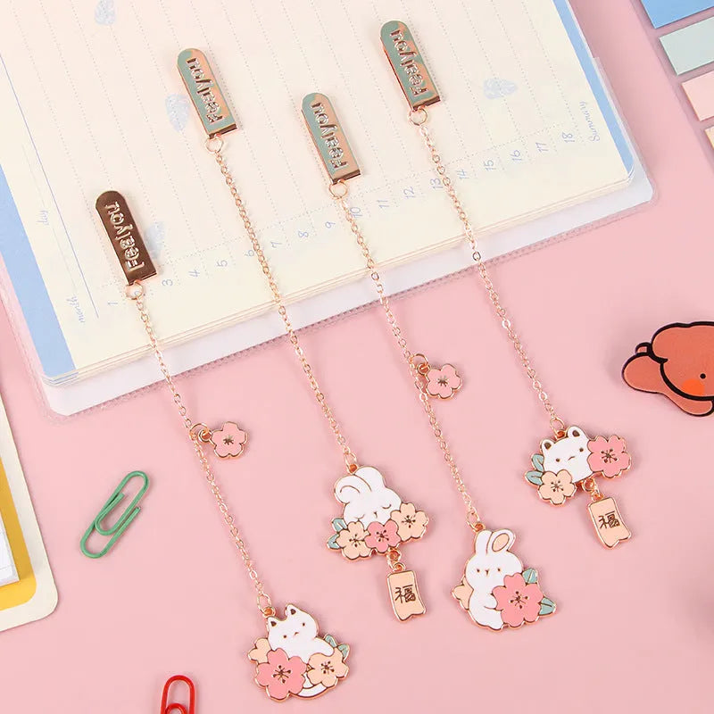 Metal pendant bookmark with cherry blossom cat and rabbit cartoon designs for books and journals