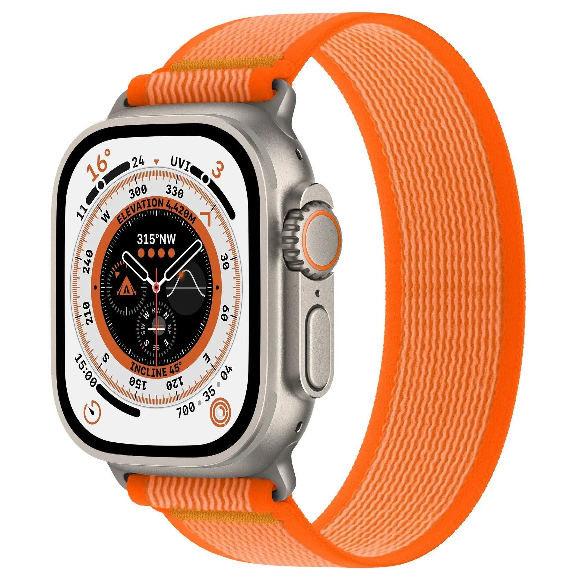 Black nylon Apple Watch band with integrated ring closure on a 44mm watch case.