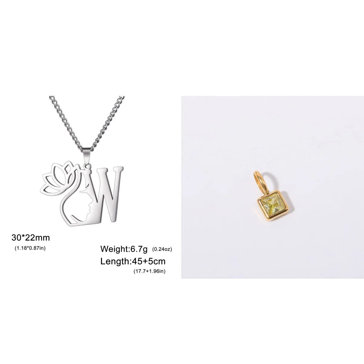 Stainless steel necklace with cross chain and a single letter pendant in gold or silver finish.