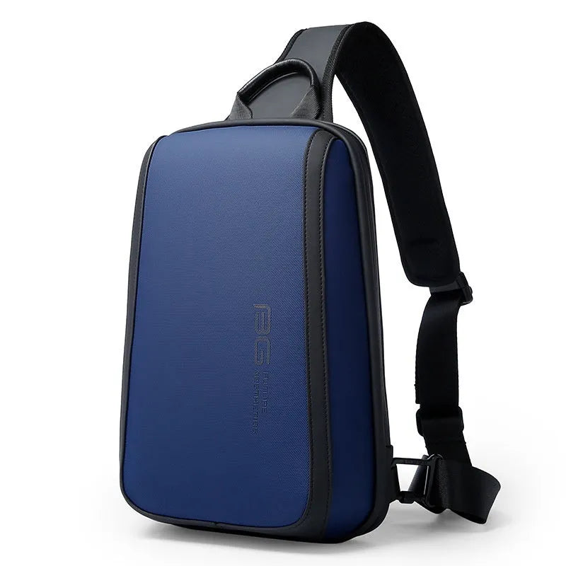 Blue Oxford cloth men's chest bag with cross-body straps and a top handle