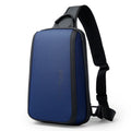 Blue Oxford cloth men's chest bag with cross-body straps and a top handle