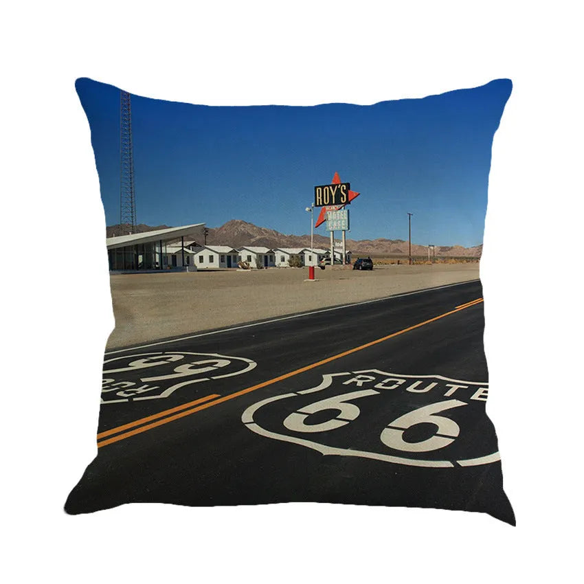 Route 66 landscape pattern on a 45cm square linen and cotton blend cushion cover.