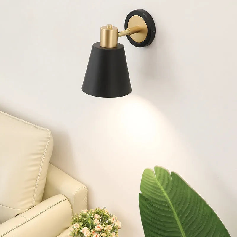 Nordic style iron wall lamp mounted beside bed with LED light illumination