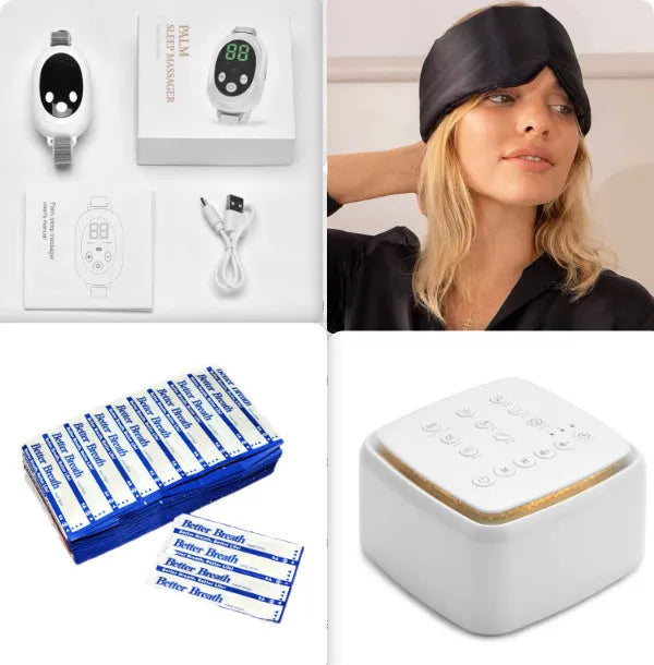 White sleep aid device with handheld remote control and adjustable intensity settings for insomnia management