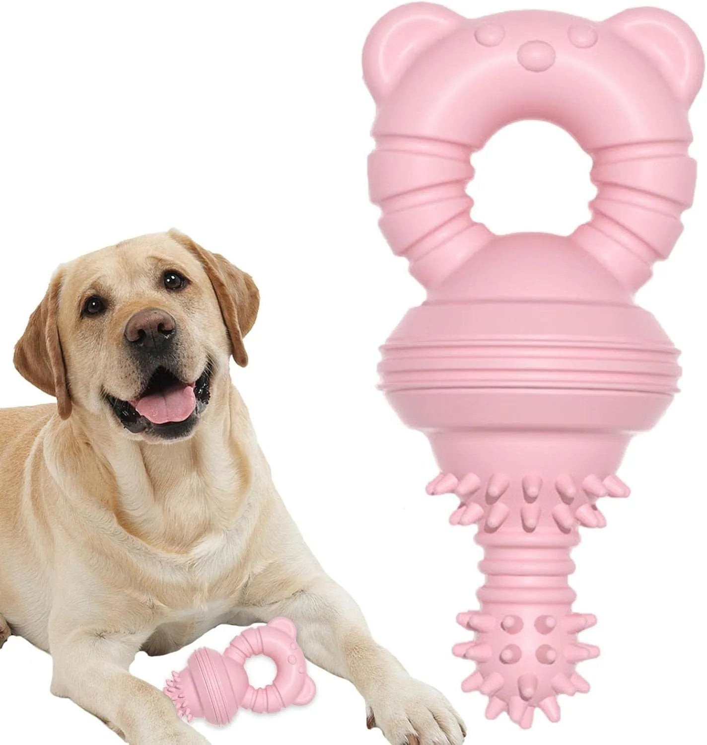 Blue rubber dog chew toy with textured surface and internal bell, shown next to a tape measure indicating 13.5 cm length.