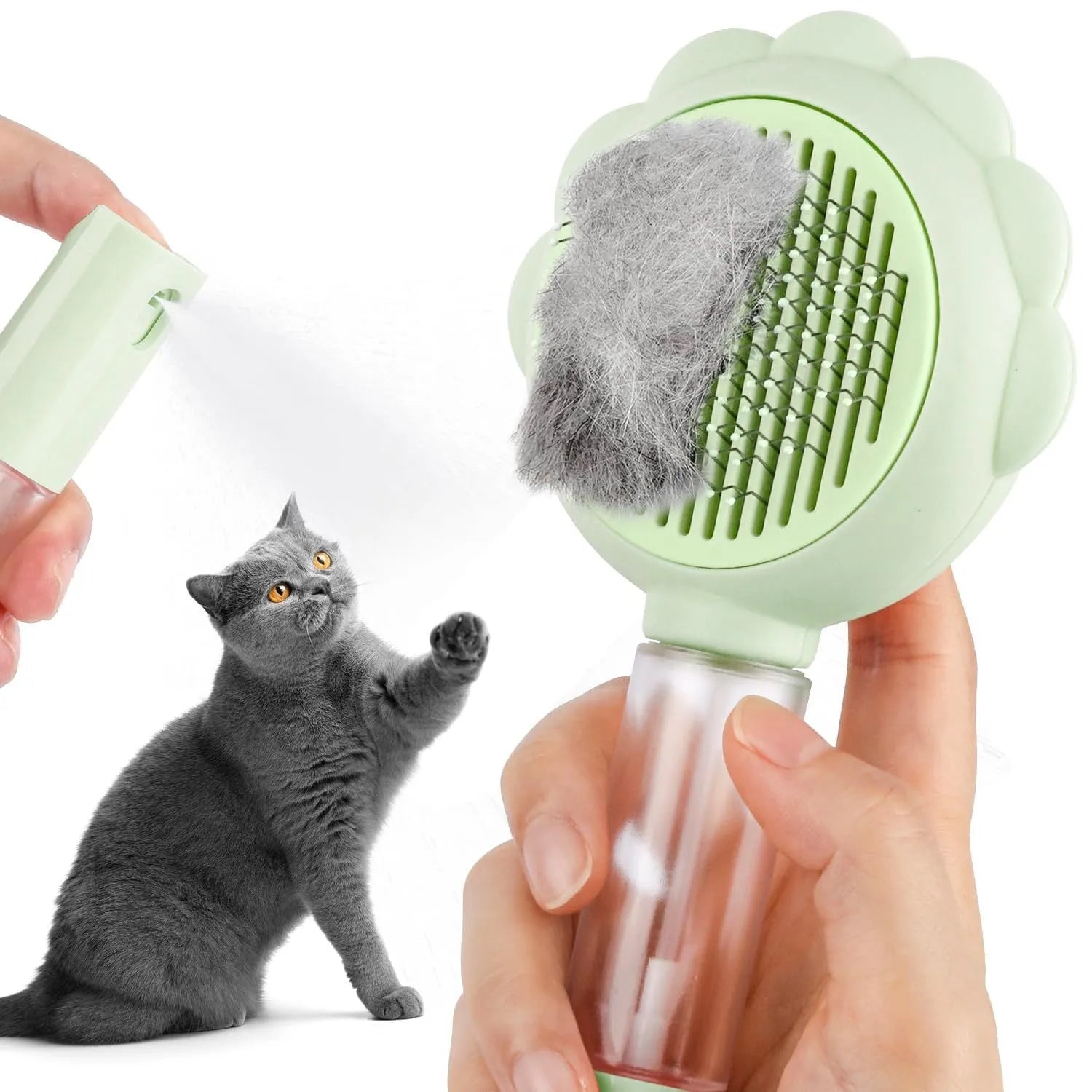 Self-cleaning spray cat grooming brush with stainless steel bristles in grey, green, and pink colour options.