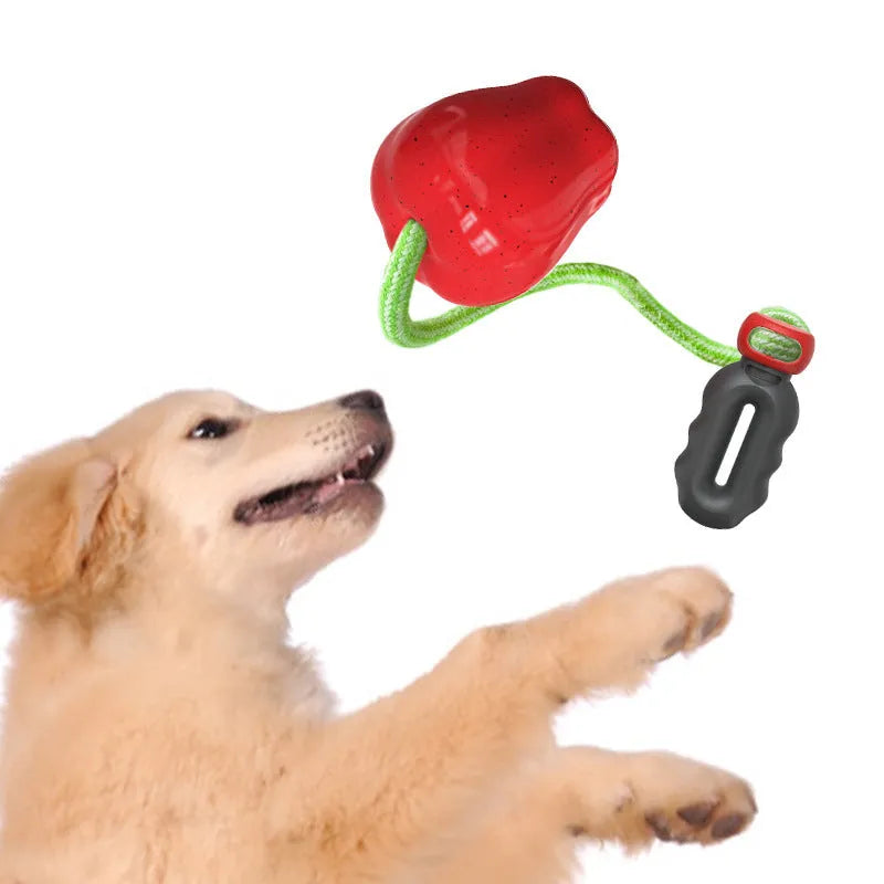 Plastic dog dental toy with dropping ball design for molar cleaning in green and red colours