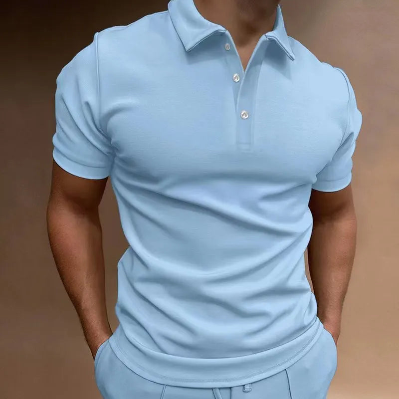 Men's button-up casual T-shirt in cotton blend spandex fabric available in seven colours