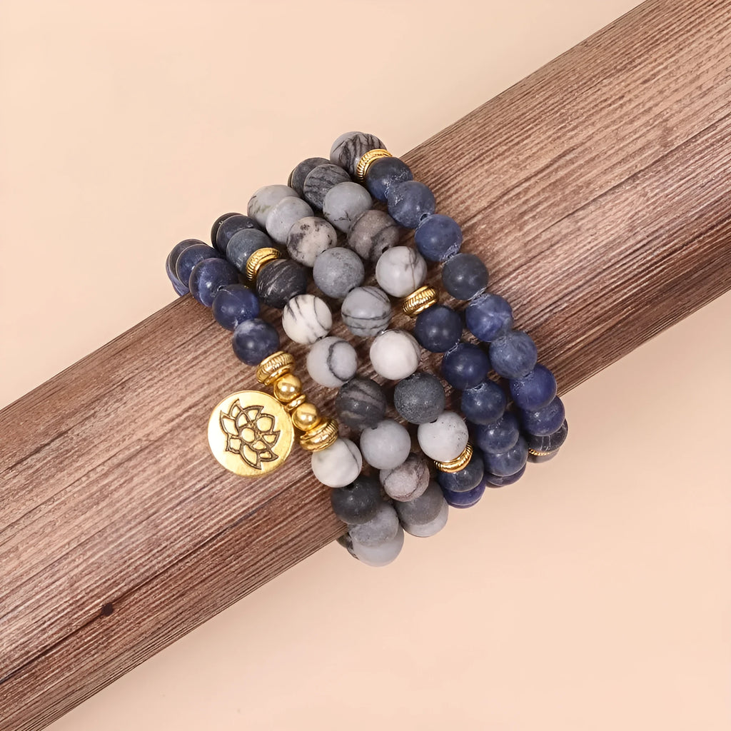 Blue patterned network stone bead multi-layer bracelet with alloy clasp on wrist