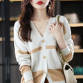 Women's striped V-neck knitted cardigan with 3D pattern in slim fit silhouette