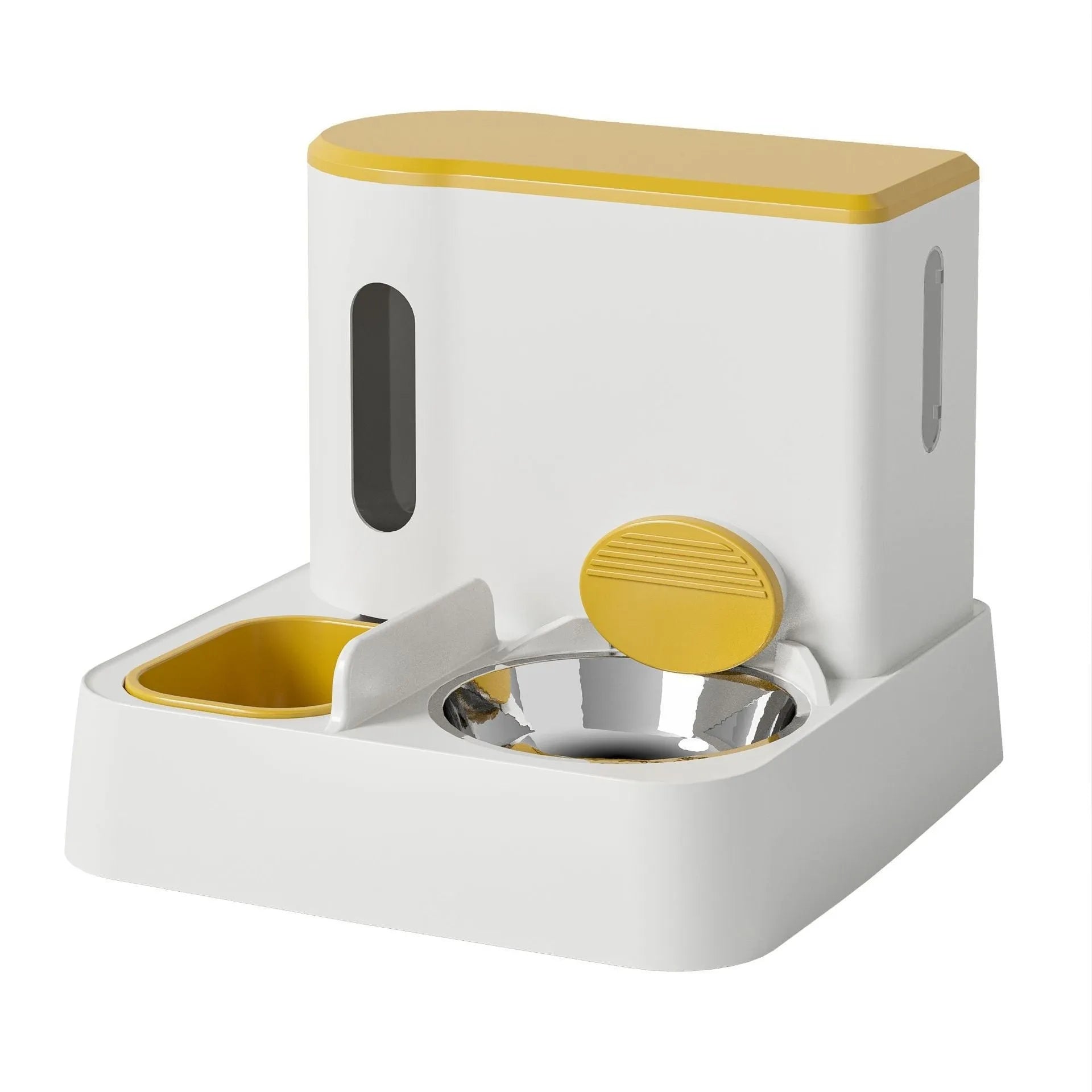 Grey automatic cat feeder and water dispenser station with integrated double bowls on a wooden floor.