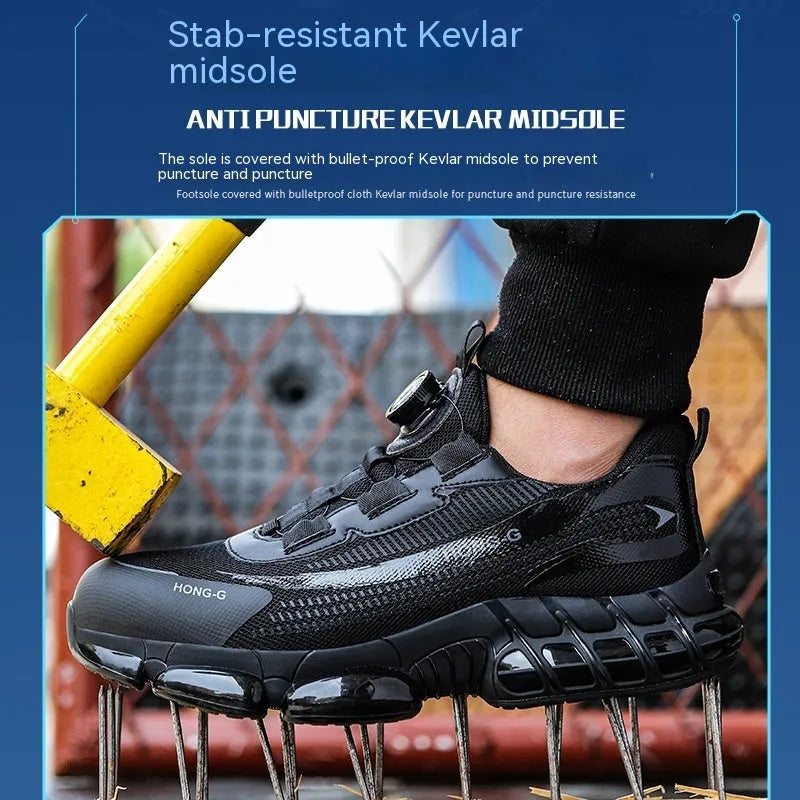 Lightweight black and grey safety shoes with steel toe cap and breathable flyknit upper for industrial work.