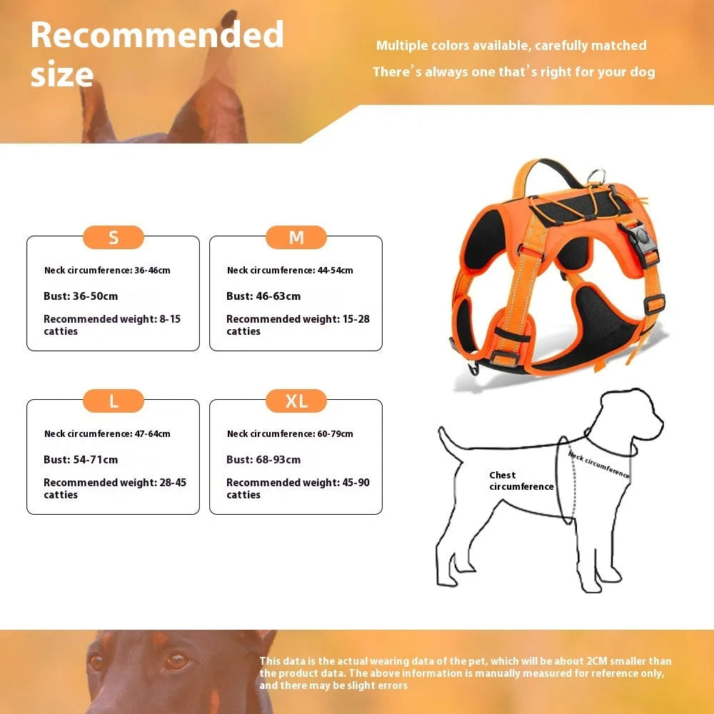 Reflective dog harness and hand-holding lead set in orange and black, showing the chest strap and full-handle grip.