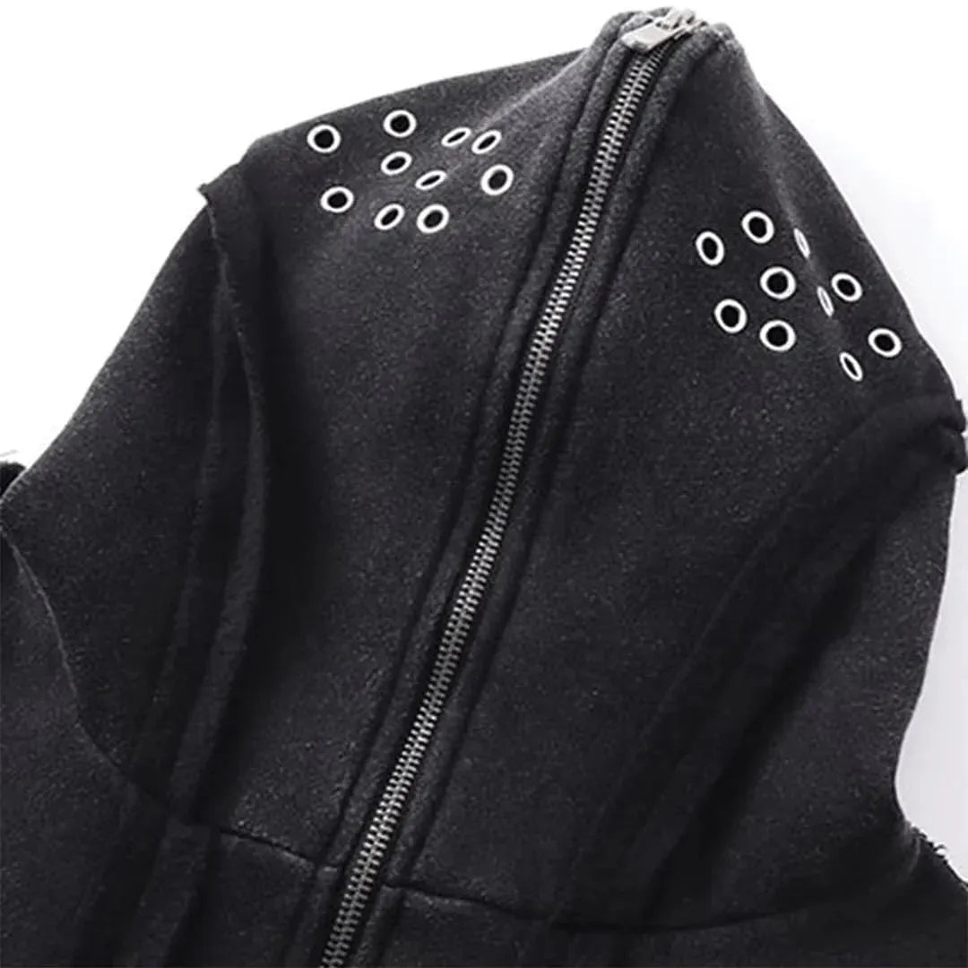 Black men's loose fit zip hooded coat with a retro abstract pattern, worn as a casual autumn jacket.