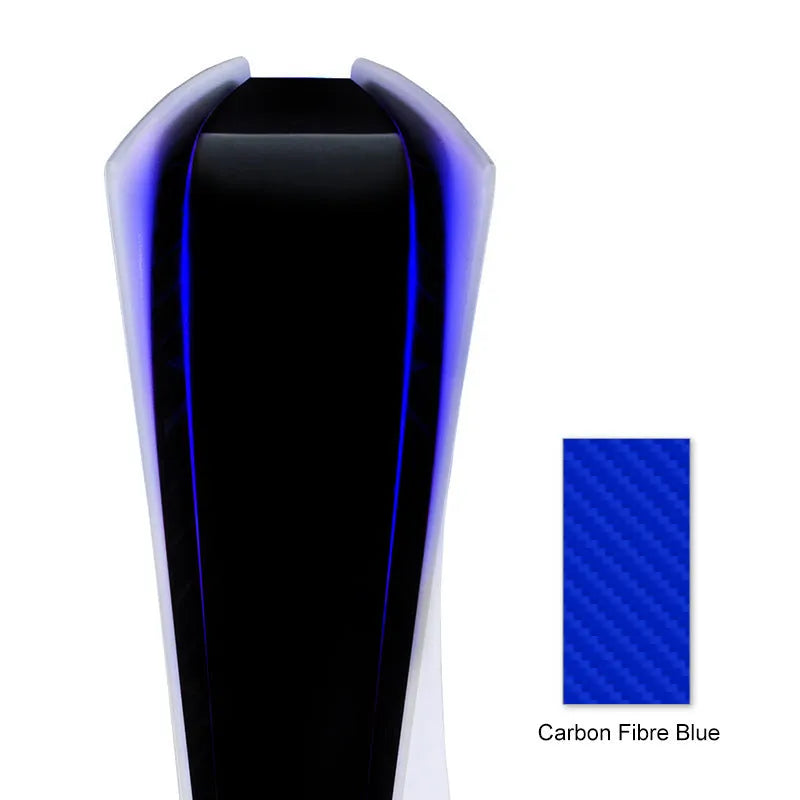 PS5 light bar sticker in carbon fibre pattern showing pink, red, gold, and blue colour options.