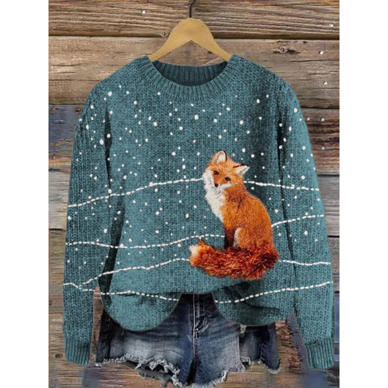 A round neck casual sweater with a small digital floral print, shown in one of thirteen available colours.