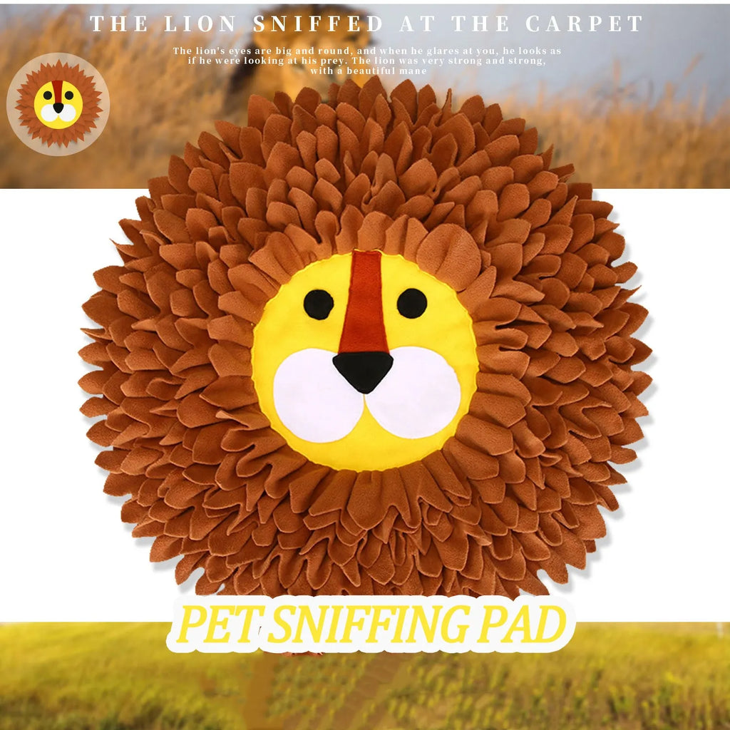 Brown lion face pattern snuffle mat for dogs and cats on a floor.