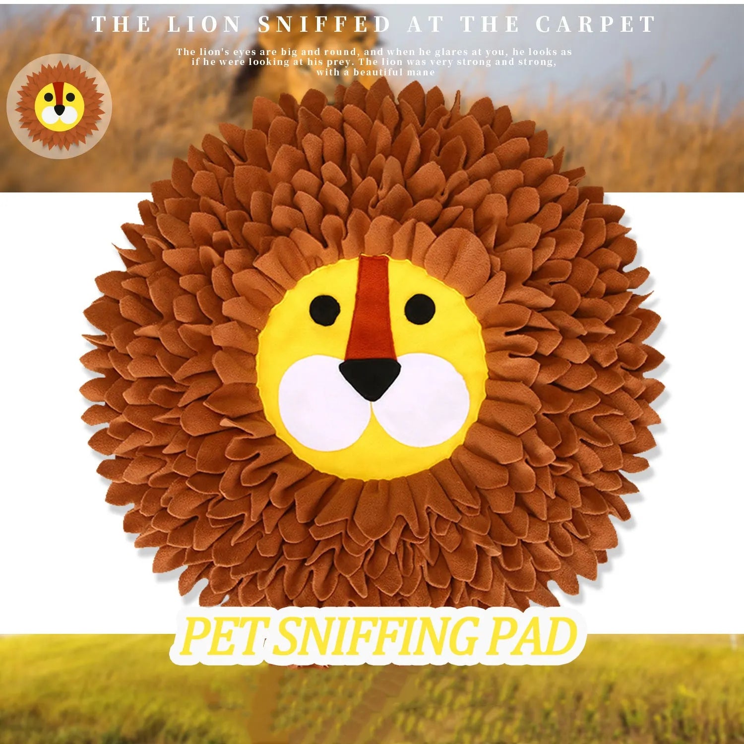 Brown lion face pattern snuffle mat for dogs and cats on a floor.