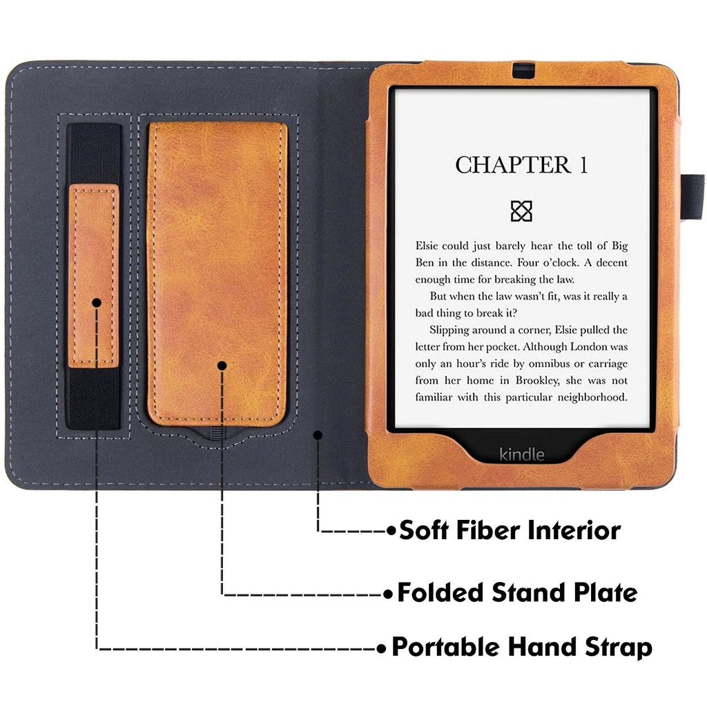 Kindle Paperwhite 5 leather case showing hand strap bracket and magnetic closure in a choice of colours and designs.