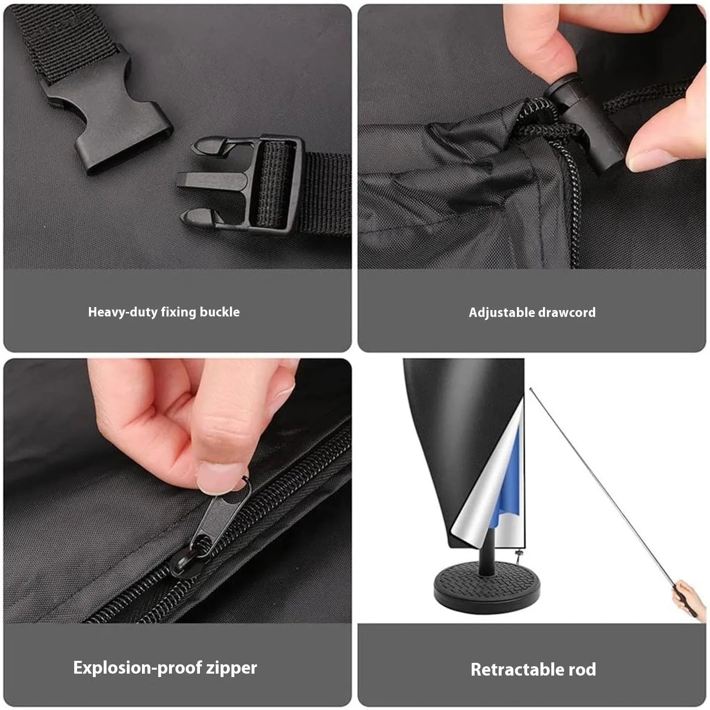 Black oxford cloth waterproof cover for a garden banana umbrella on a patio table
