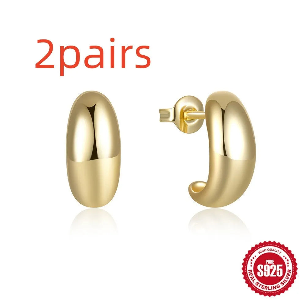 S925 sterling silver C-shaped stud earrings with electroplated gold or white gold finish