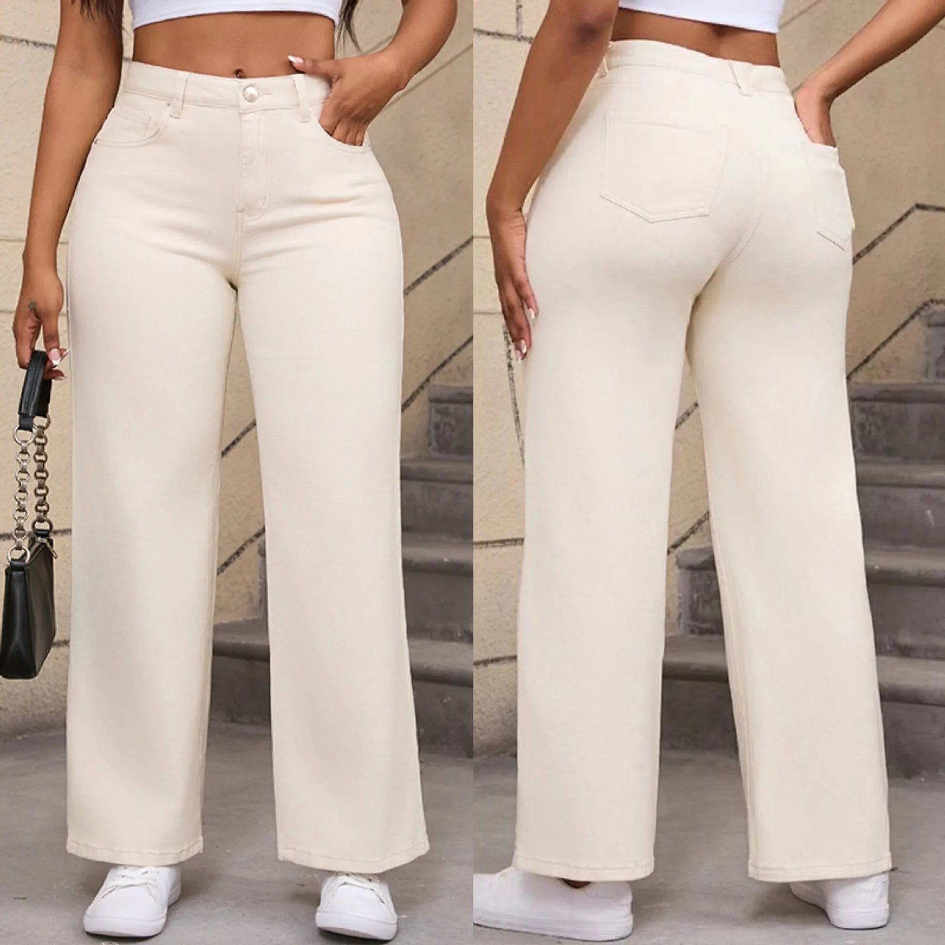 Women's high-waisted apricot wide-leg straight jeans made from elasticated cotton.