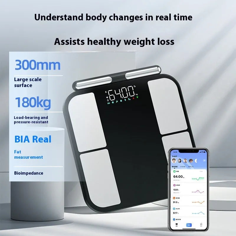 Black electronic weighing scale with 30x30cm tempered glass platform showing body fat percentage on colour screen