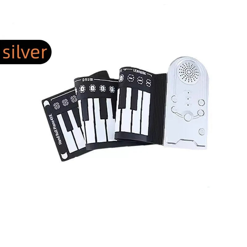 Glossy Black portable folding electronic keyboard with 49 silicone keys, shown both folded and unrolled.