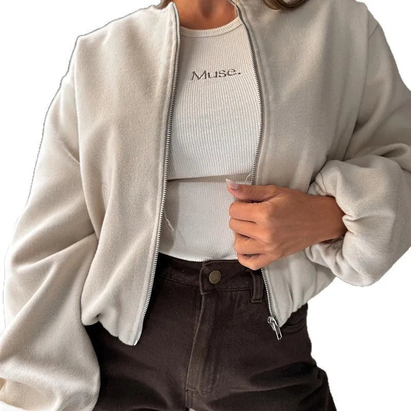 Women's brown off-shoulder short coat with lantern sleeves and round neck