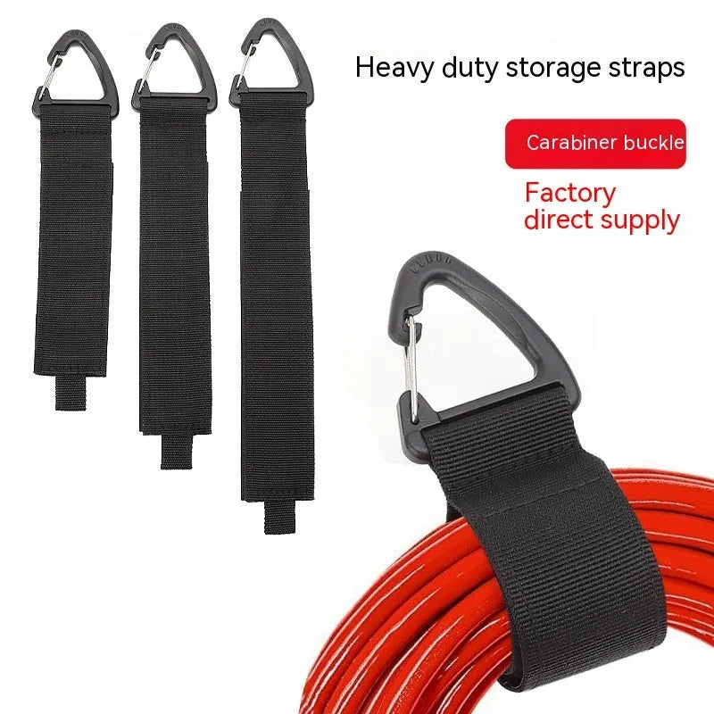 Black gravity strap with climbing button carabiner for storage organisation in three available sizes