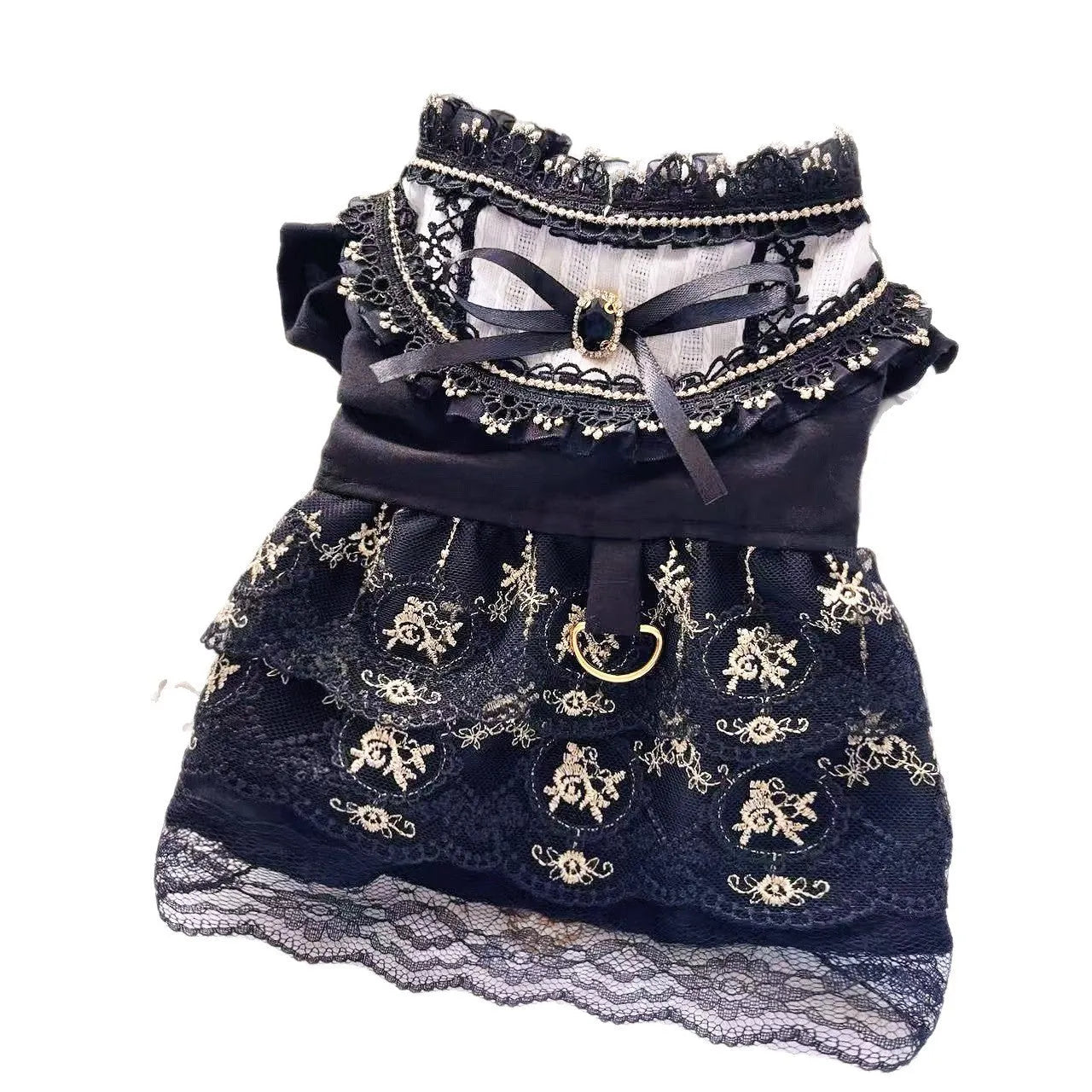 Golden gothic princess style polyester dress for a small dog on a mannequin, showing black skirt detail.