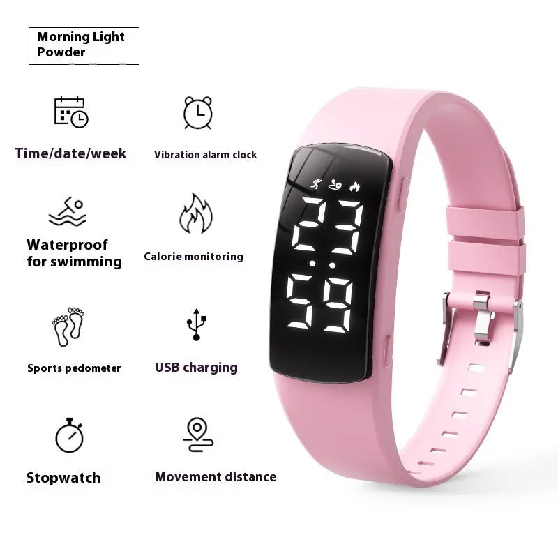Vibration alarm smart watch with LED display on a silicone strap, shown in a choice of colours.