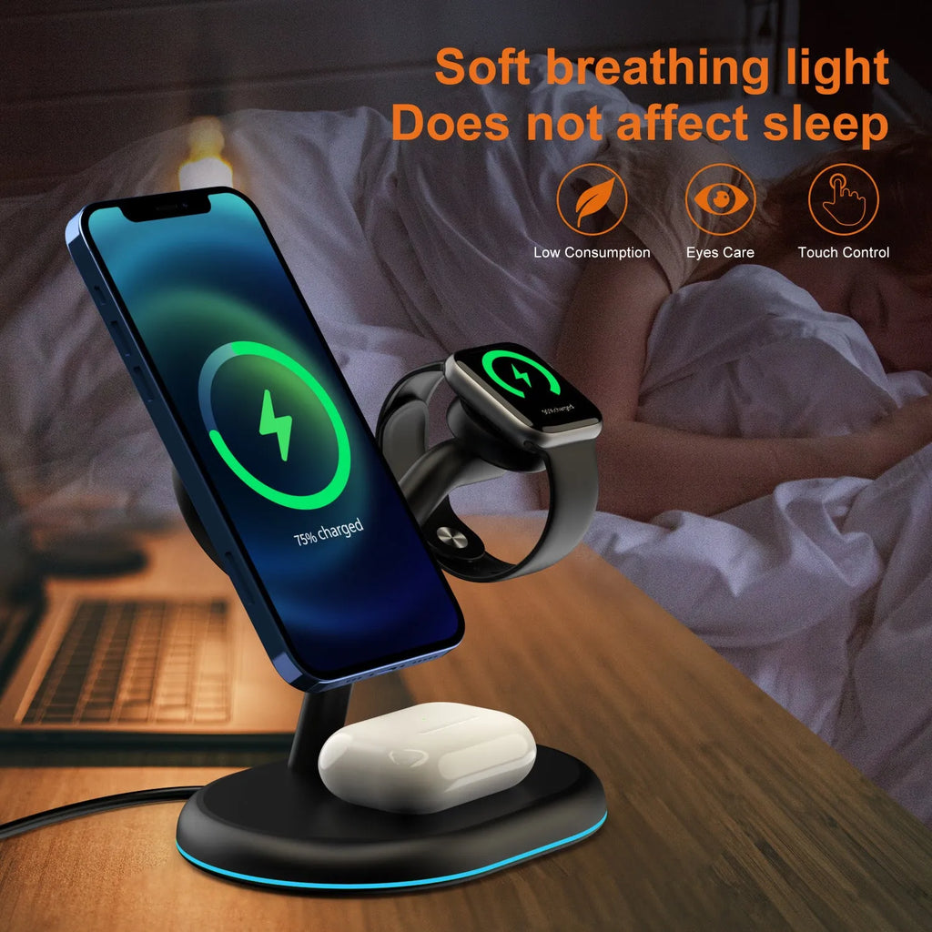 Black magnetic wireless charger with minimalist design showing three-in-one charging functionality