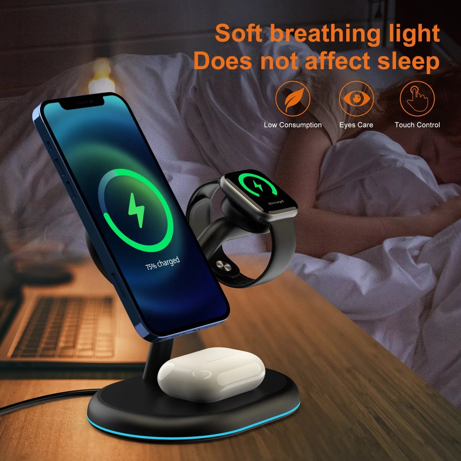 Black magnetic wireless charger with minimalist design showing three-in-one charging functionality