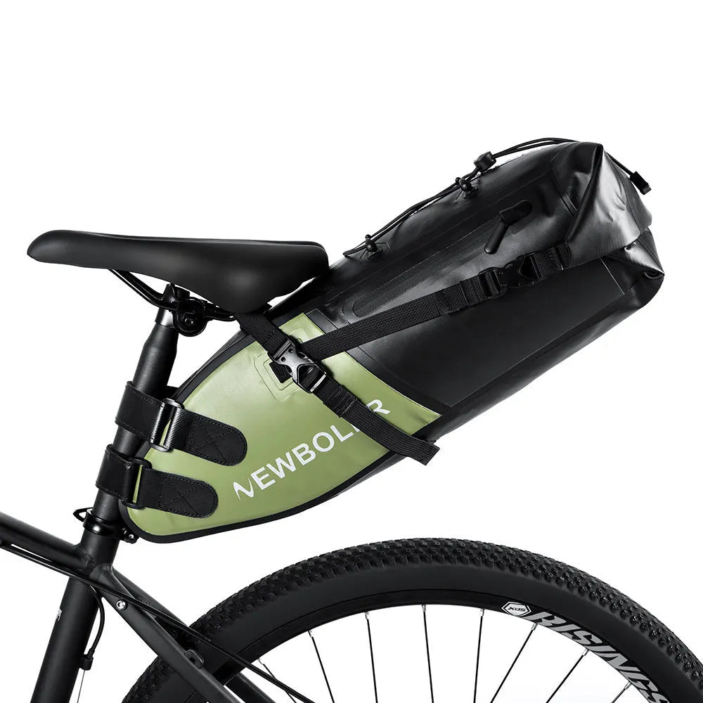 Waterproof 13L bicycle tail bag in black, green, and yellow colour options