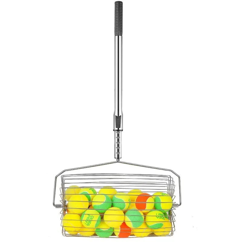 Stainless steel tennis ball picker with adjustable handle and roller mechanism for collecting balls