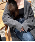 Women's long below-the-knee knitted cardigan with hood in wool blend fabric, loose fit, Korean style