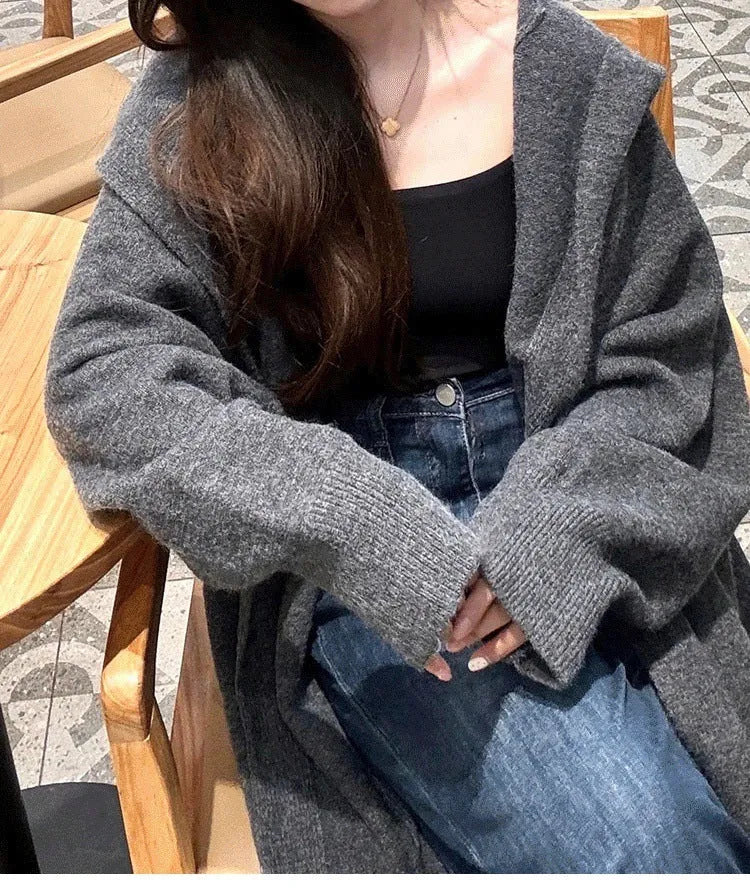 Women's long below-the-knee knitted cardigan with hood in wool blend fabric, loose fit, Korean style