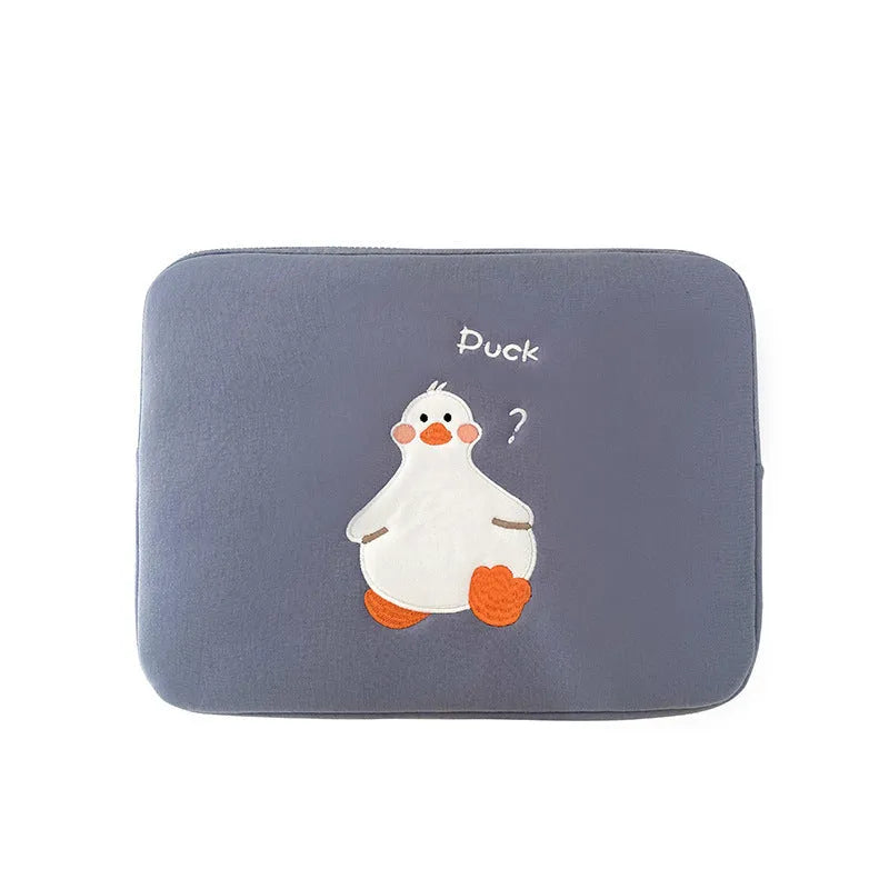 Blue tablet case with cartoon duck embroidery design and zipper closure