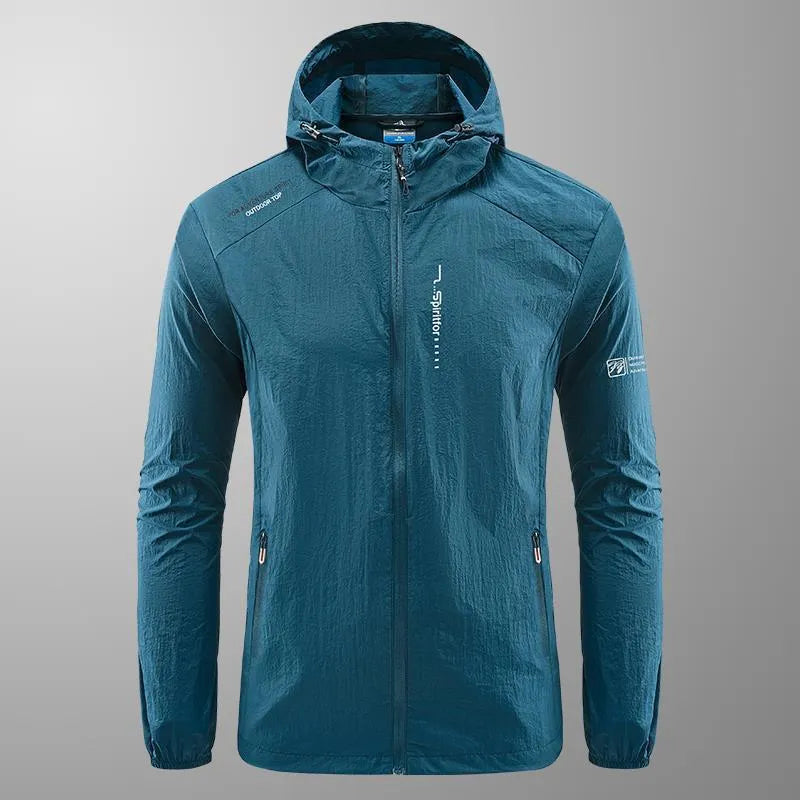 A man's lightweight hooded summer jacket in a loose fit, shown in a neutral colour like grey or blue.