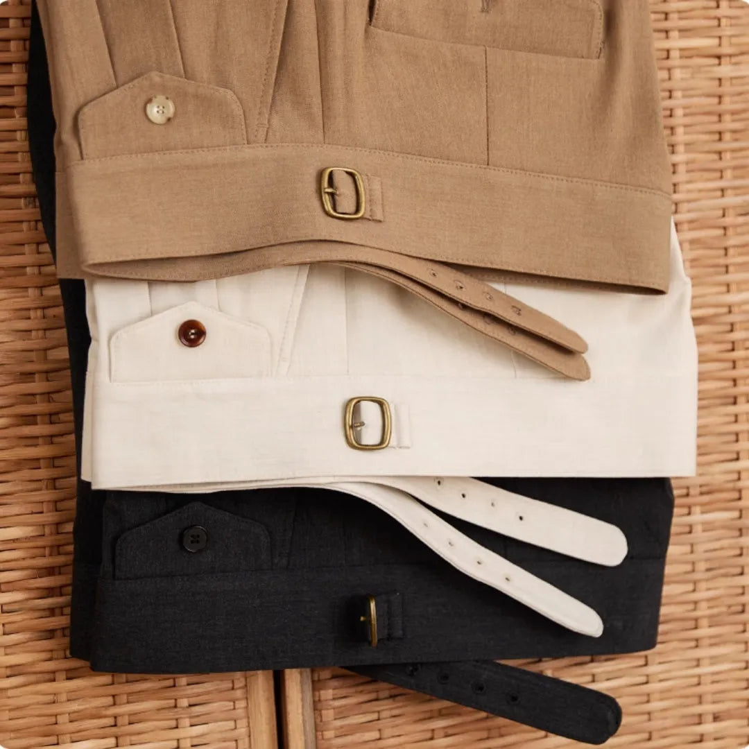 Men's slim fit straight leg trousers in dark grey, light brown, and light apricot