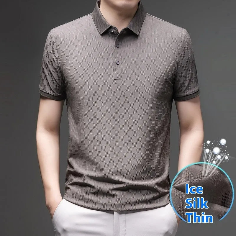 Man wearing a black rhombus weave thin ice silk short sleeve T-shirt with a slit detail.