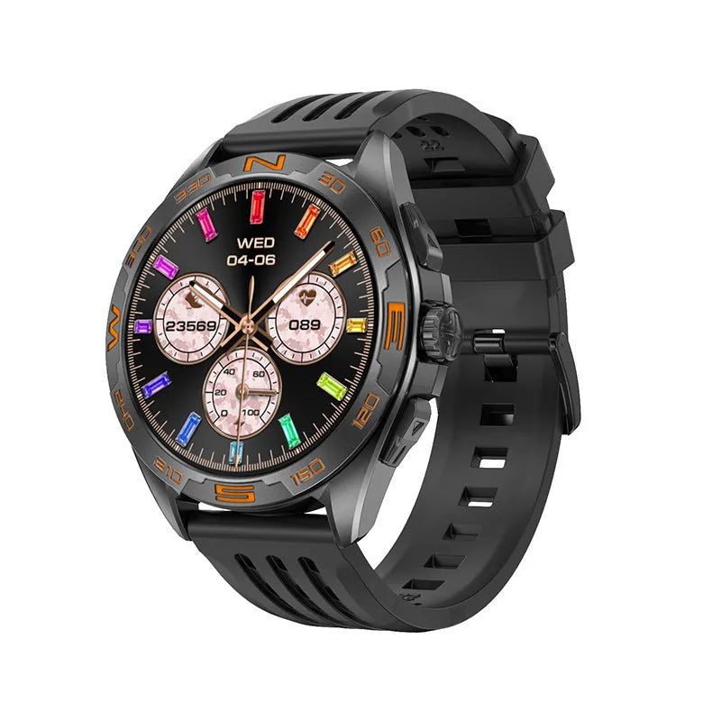 Smart watch with black steel case displaying health metrics on its IPS screen.